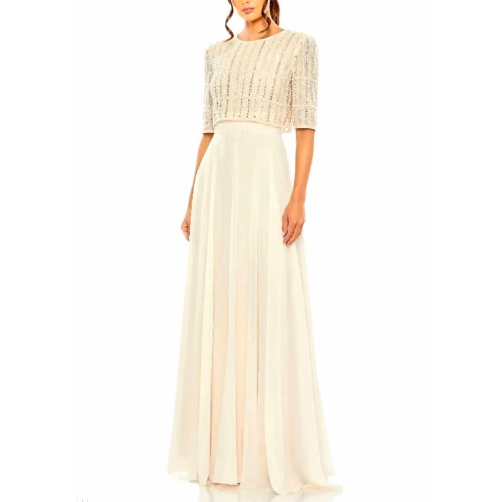 Mac Duggal Beige Nude with Fully Beaded 3/4 Sleeve Top Chiffon Gown Size 18